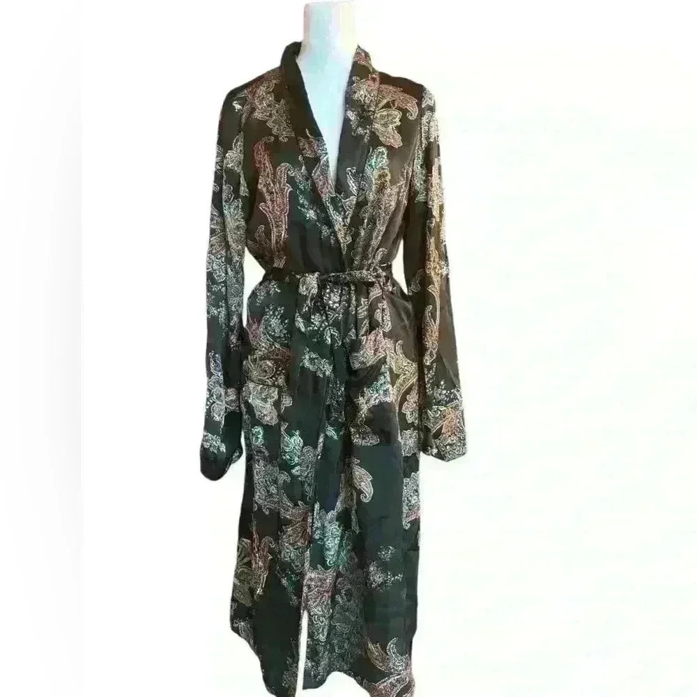 Wilfred Silk Floral Wrap Dress Robe/ Dark Green Satin Size Extra Small